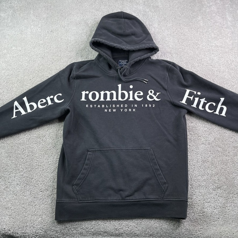 Abercrombie & Fitch Hoodie Mens Medium Black Spellout Logo Graphic Pullover Prep